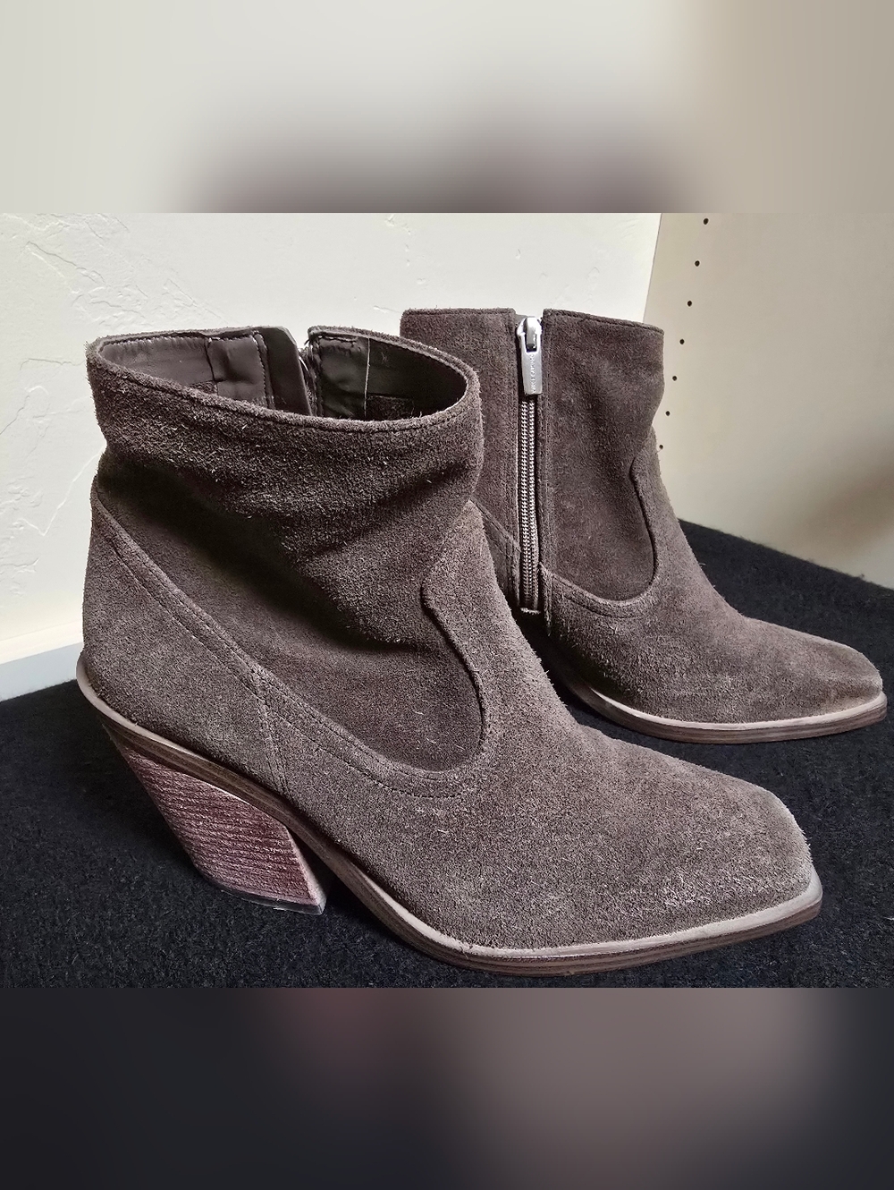 Women's Vince Camuto Suede Ankle Booties in Dark Olive-Brown with Stacked Heel